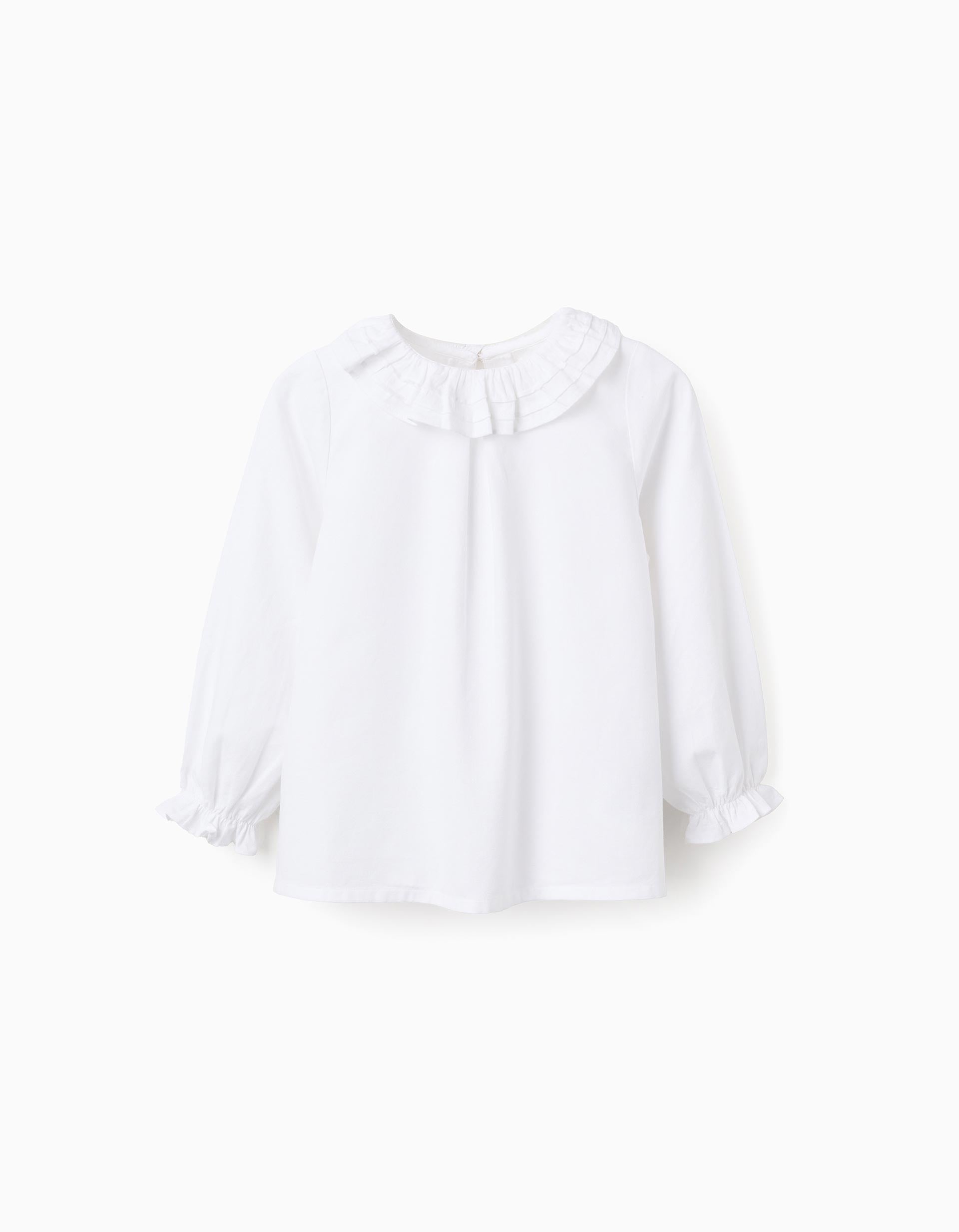 Blusa de Sarga de Algodón con Volantes para Niña, Blanco