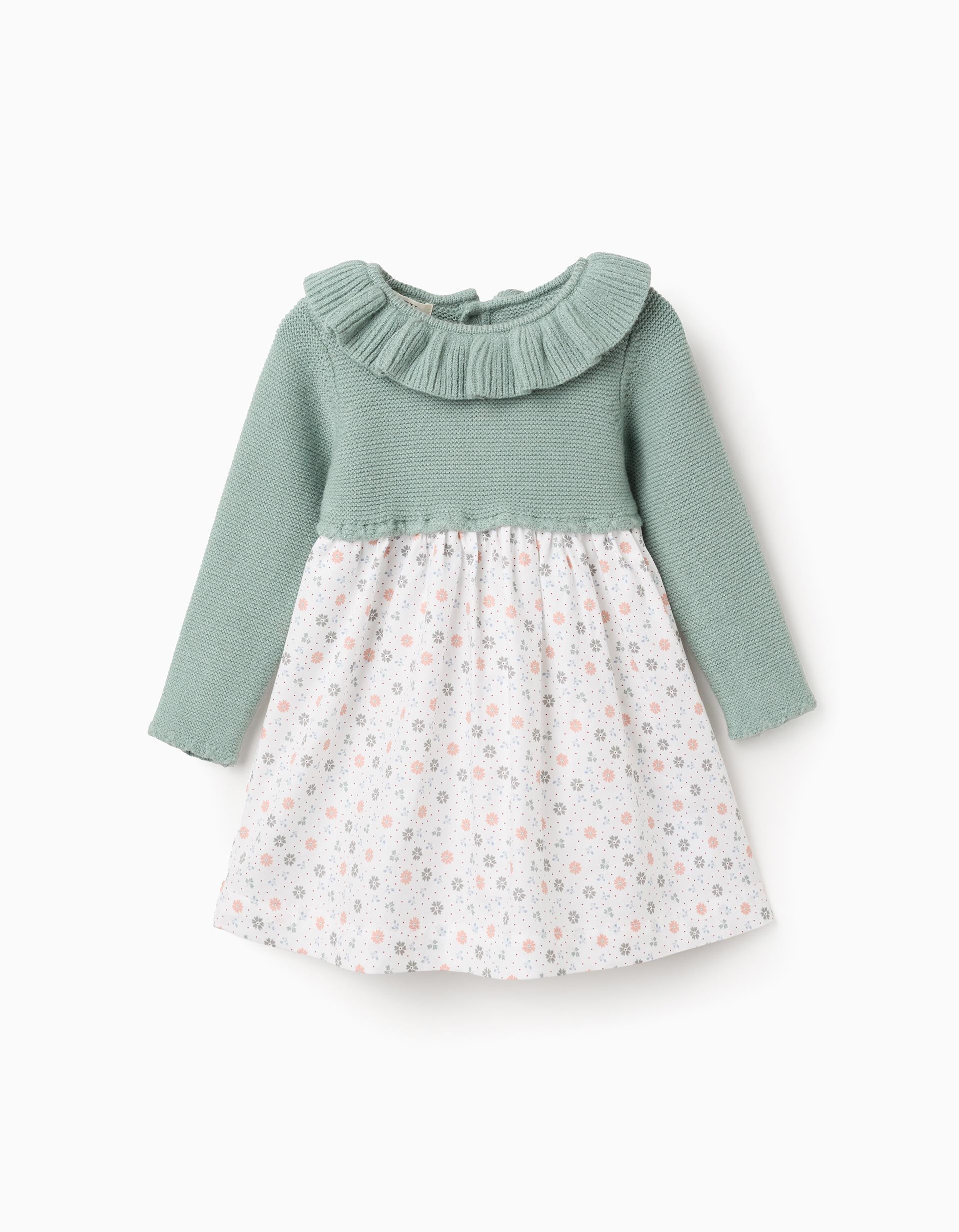 Dual-fabric dress with floral pattern for baby girls, green/white ZIPPY Dual-fabric dress with floral pattern for baby girls, green/white ZIPPY