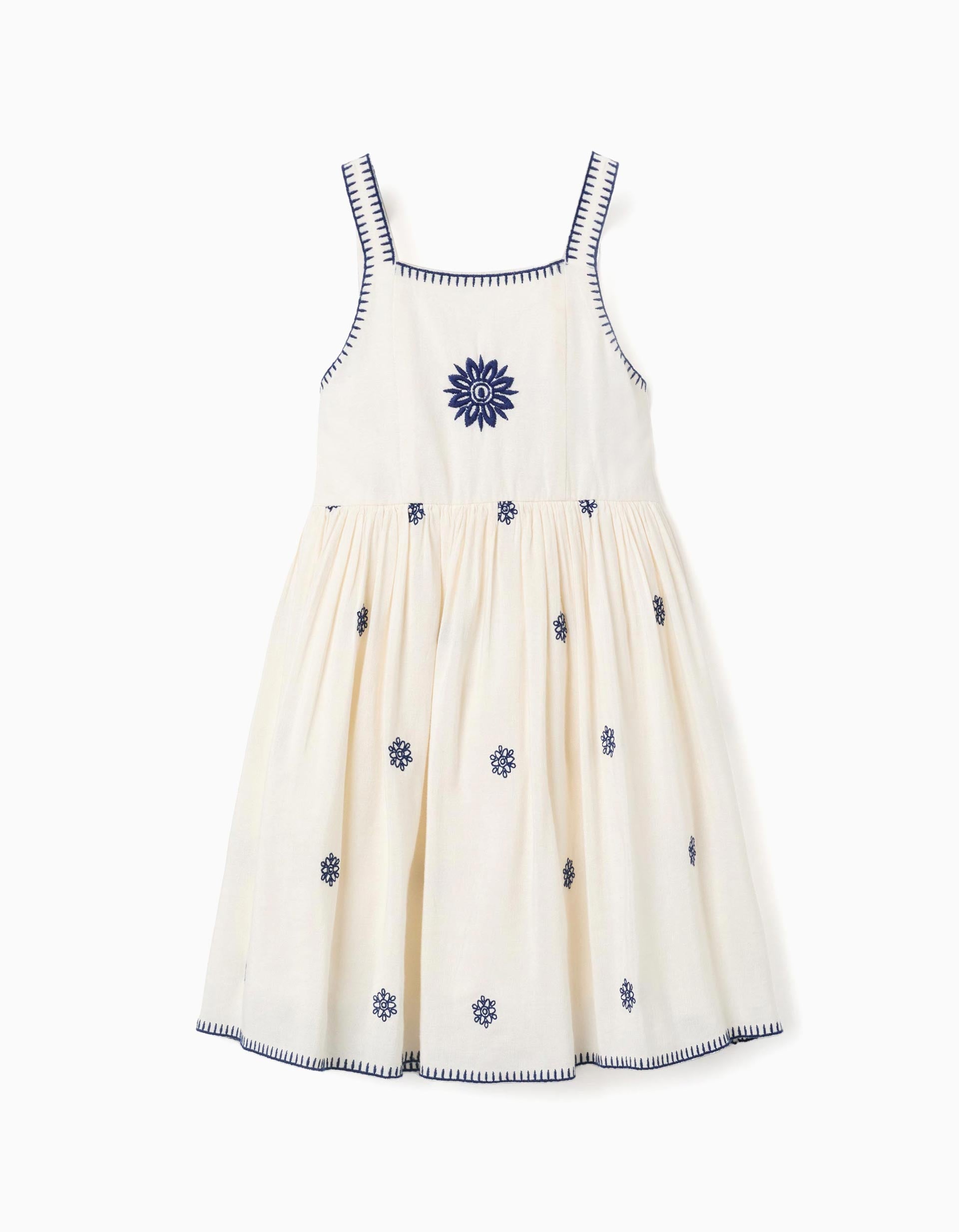 Sleeveless dress in cotton and linen with flowers for girls, beige/blu ZIPPY Sleeveless dress in cotton and linen with flowers for girls, beige/blu ZIPPY