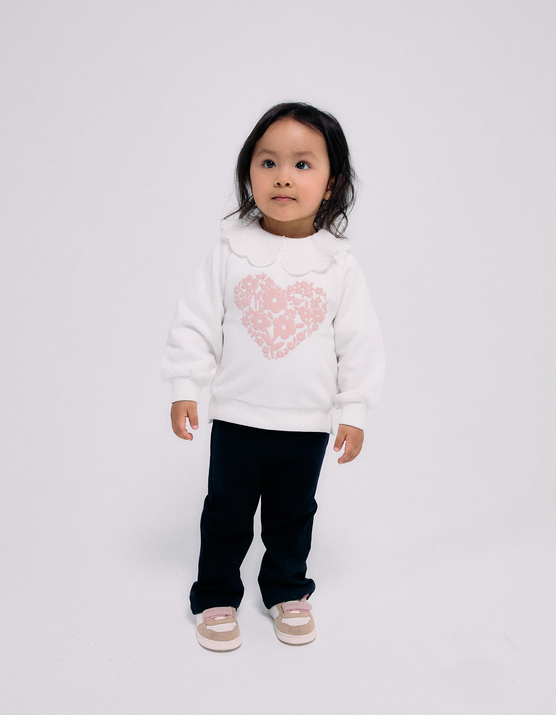 Sweatshirt + T-shirt with broderie anglaise collar + Flared brushed leggings for Baby Girl