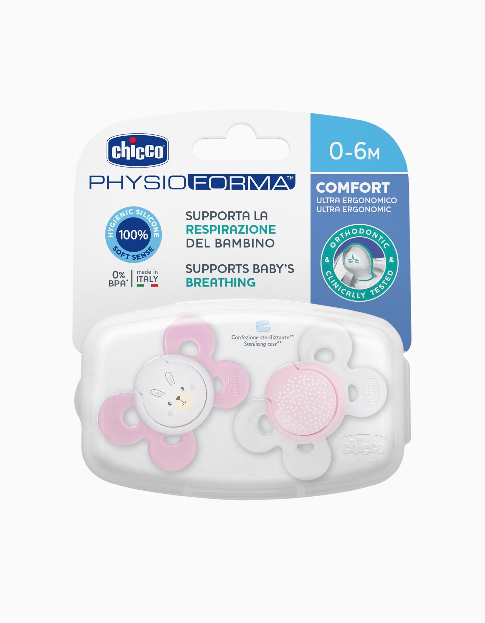 Sucette Physio Confort Silicone 0-6M+ Chicco 2Un.