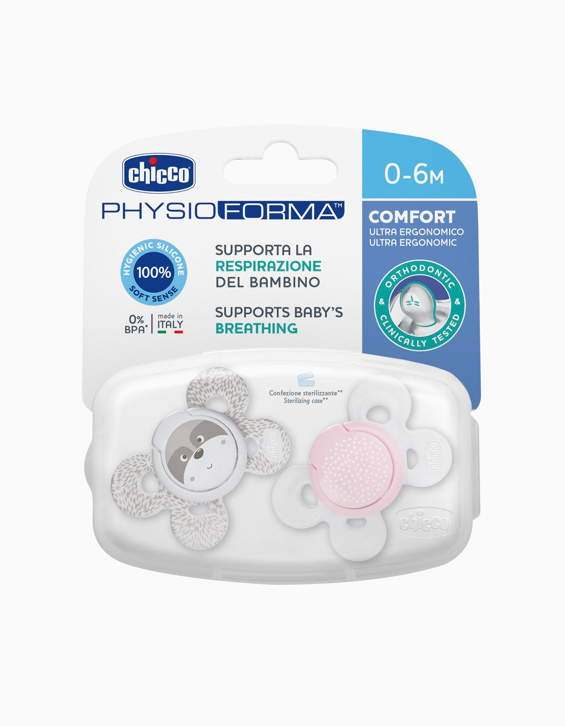 Sucette Physio Confort Silicone 0-6M+ Chicco 2Un.