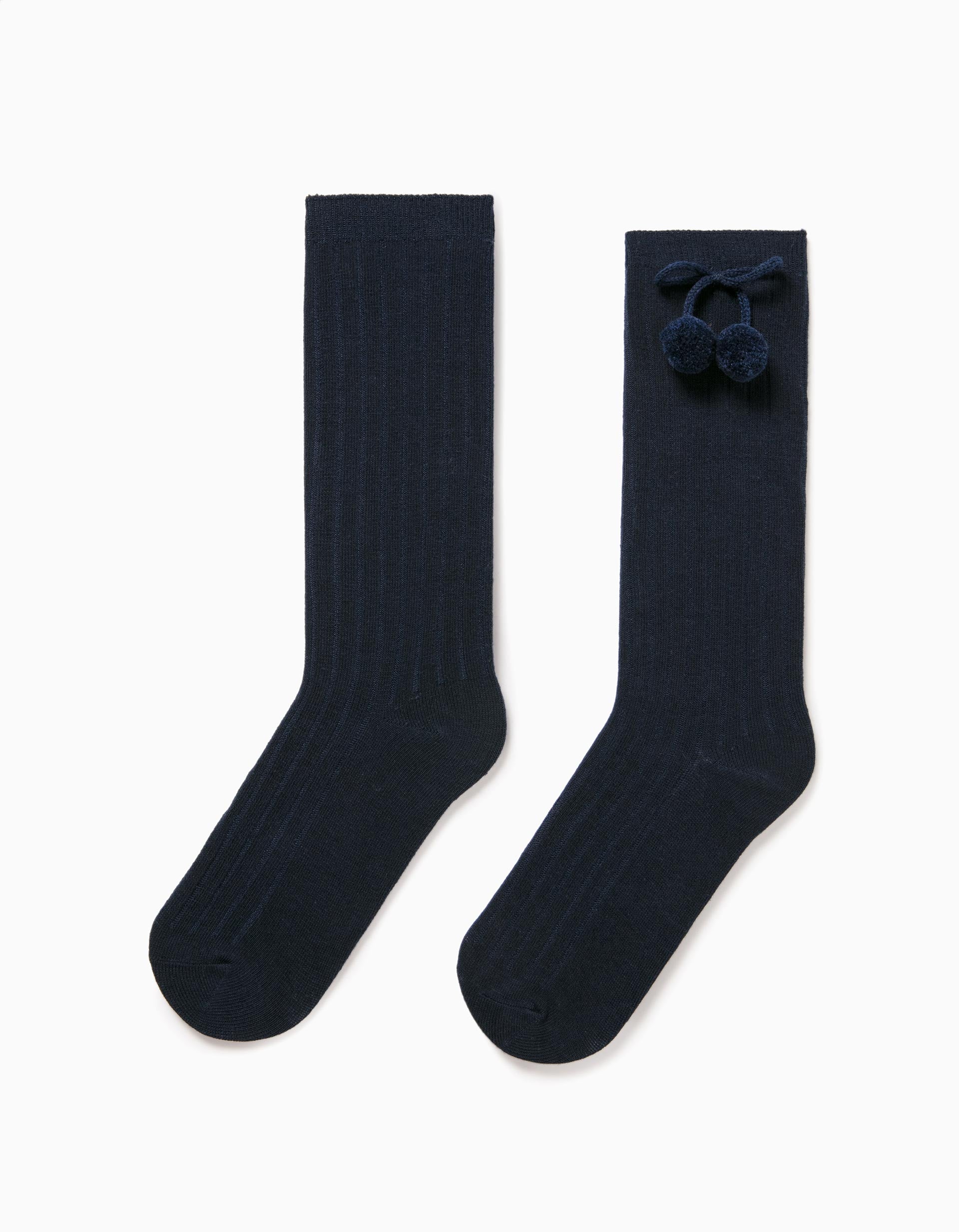 Calcetines Altos con Pompón para Niña, Azul Oscuro