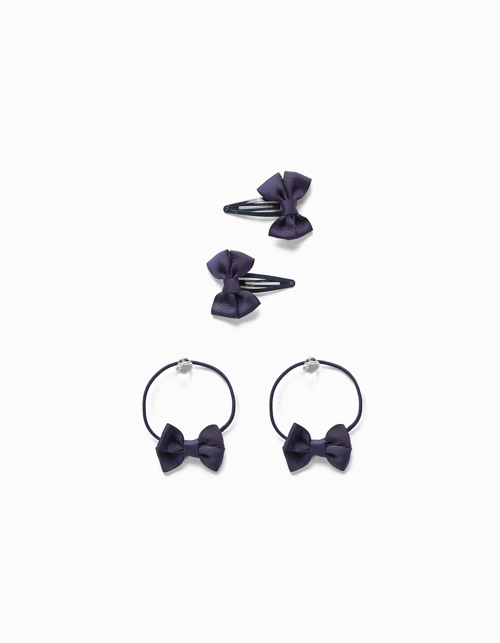 2 Hairpins + 2 Bobbles with Bow for Babies and Girls, Dark Blue