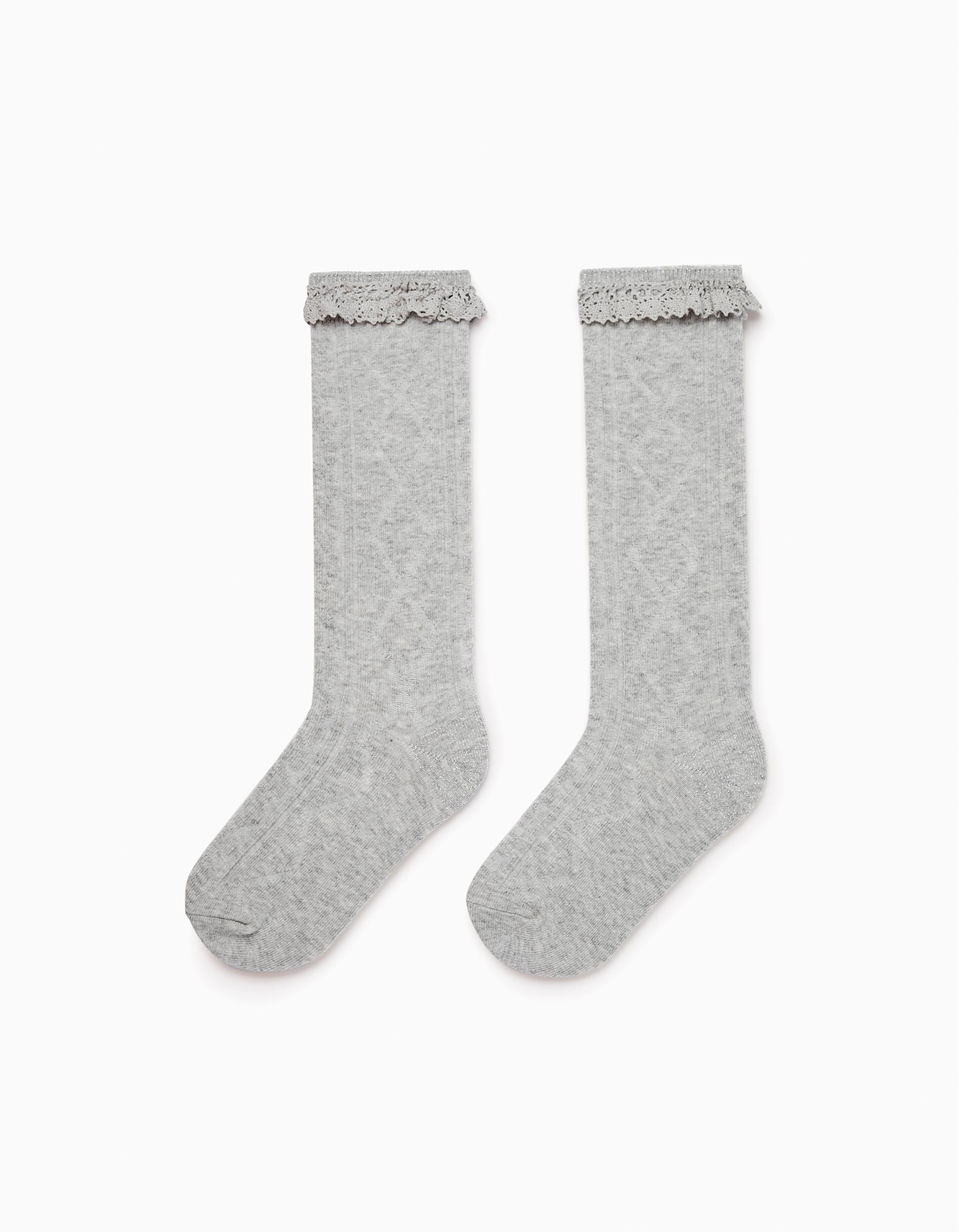 Calcetines Altos de Algodón con Encaje para Niña, Gris