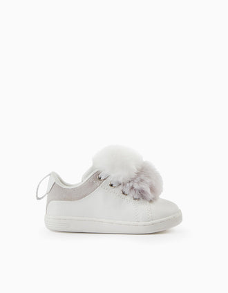 Sapatilhas com Pompons para Bebé Menina 'ZY 1996', Branco/Cinza