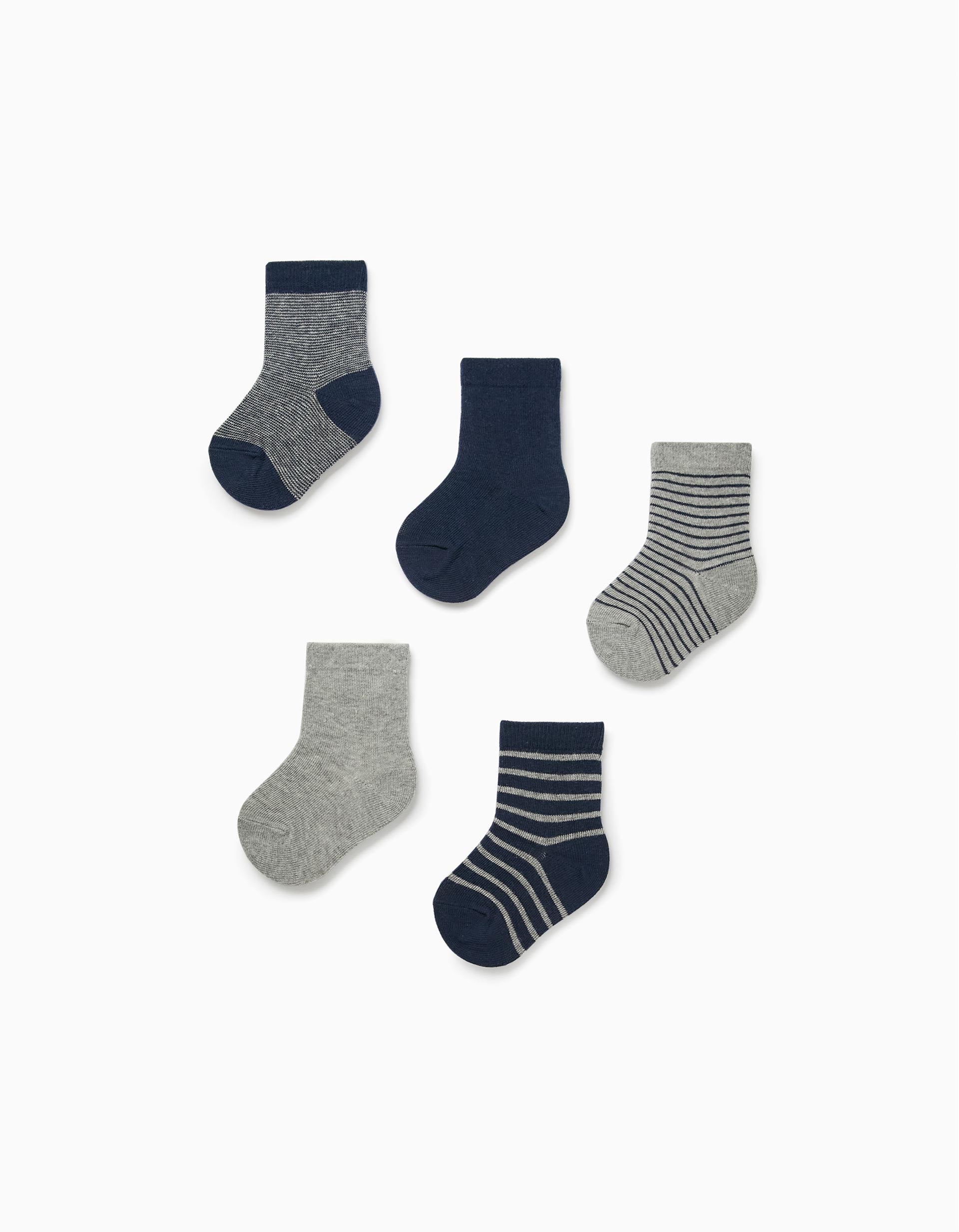 5 Pares de Calcetines para Bebé Niño, Azul Oscuro/Gris