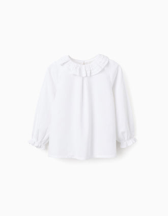 Cotton Twill Blouse with Ruffles for Girls, White