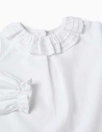 Cotton Twill Blouse with Ruffles for Girls, White