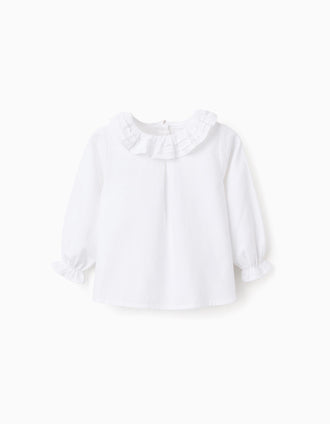 Blusa de Sarja em Algodão com Folhos para Bebé Menina, Branco