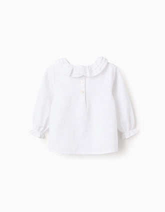 Blusa de Sarja em Algodão com Folhos para Bebé Menina, Branco