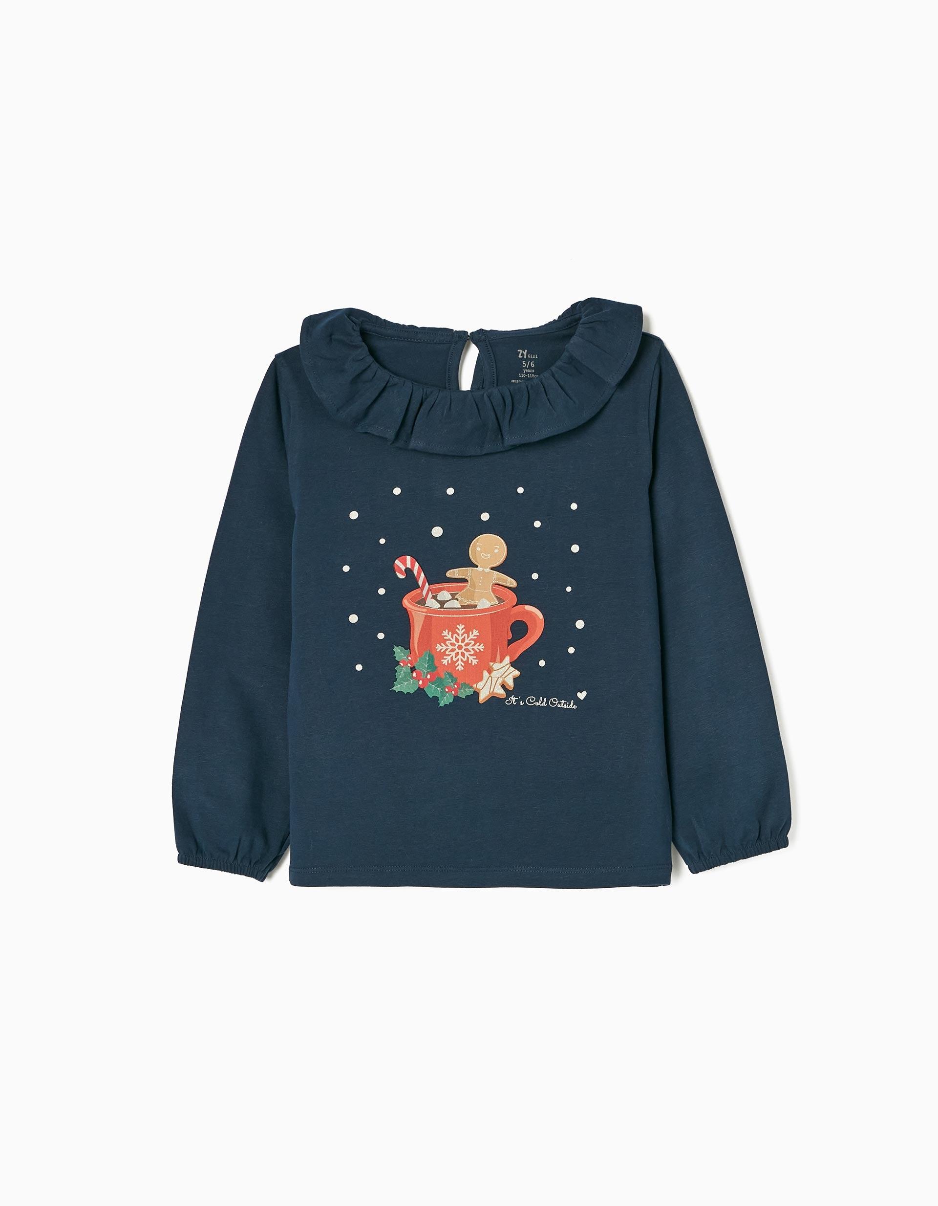 Long-Sleeve Cotton T-shirt for Girls 'Gingerbread Man', Dark Blue