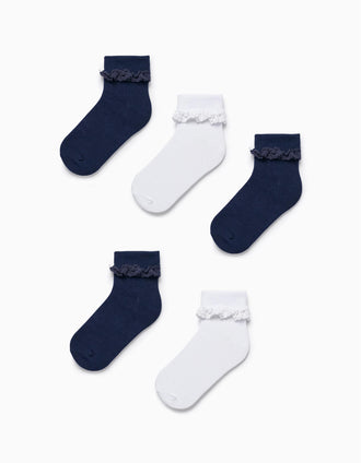 Pack 5 Pares de Meias com Renda para Menina, Branco/Azul Escuro