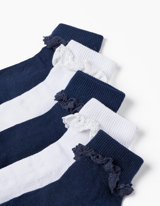 Pack 5 Pares de Meias com Renda para Menina, Branco/Azul Escuro