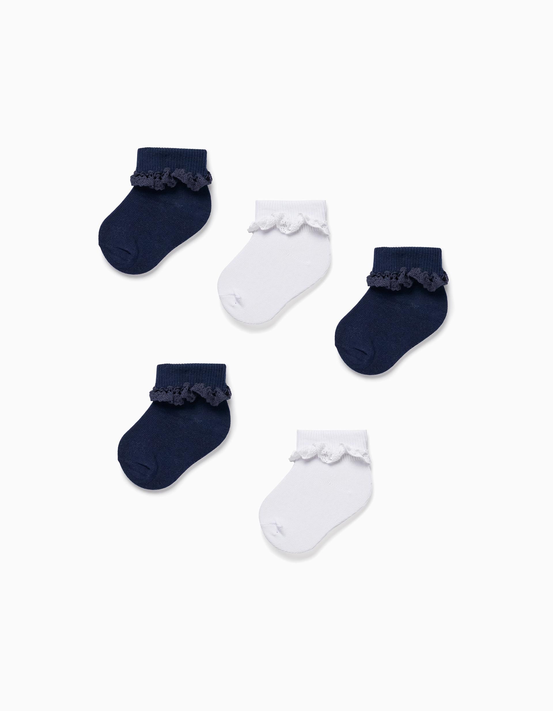 Lot 5 Paires de Chaussettes avec Dentelle Bébé Fille, Blanc/Bleu Foncé