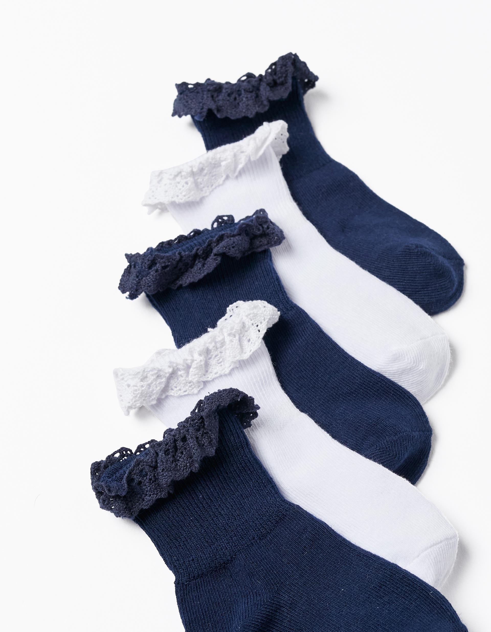 Lot 5 Paires de Chaussettes avec Dentelle Bébé Fille, Blanc/Bleu Foncé