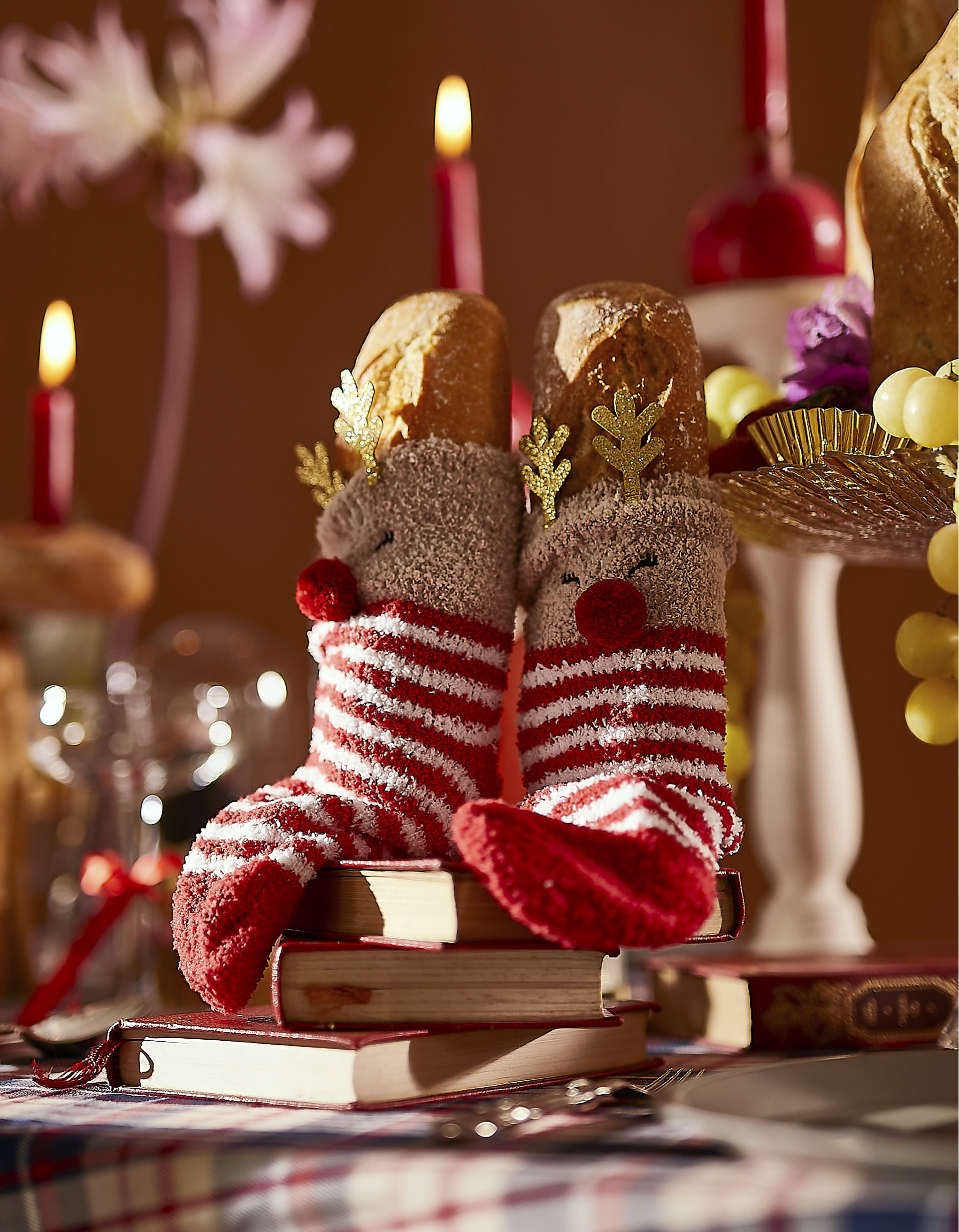 Socks with Pompom and Horns for Girls 'Rudolph', Beige/Red