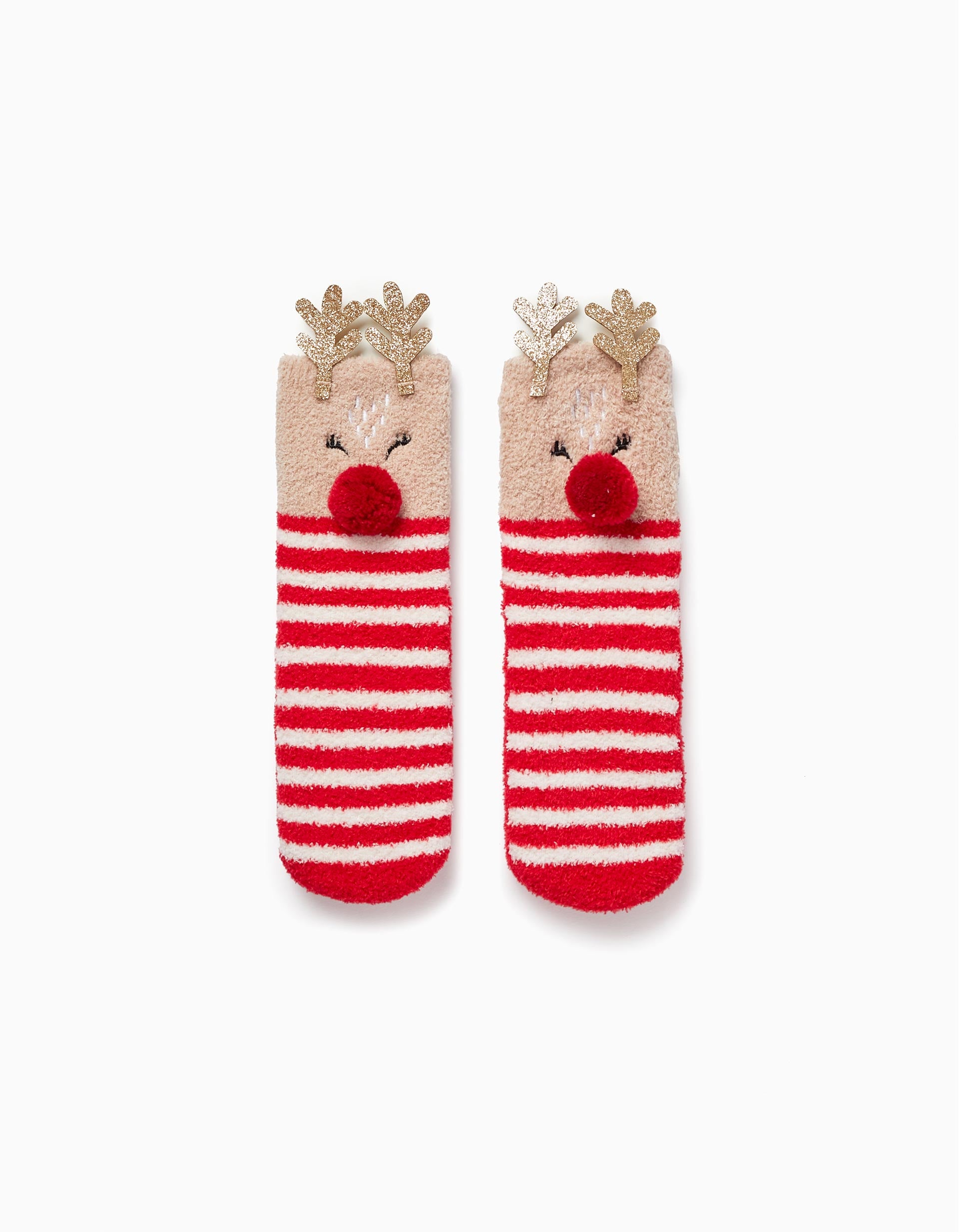 Socks with Pompom and Horns for Girls 'Rudolph', Beige/Red