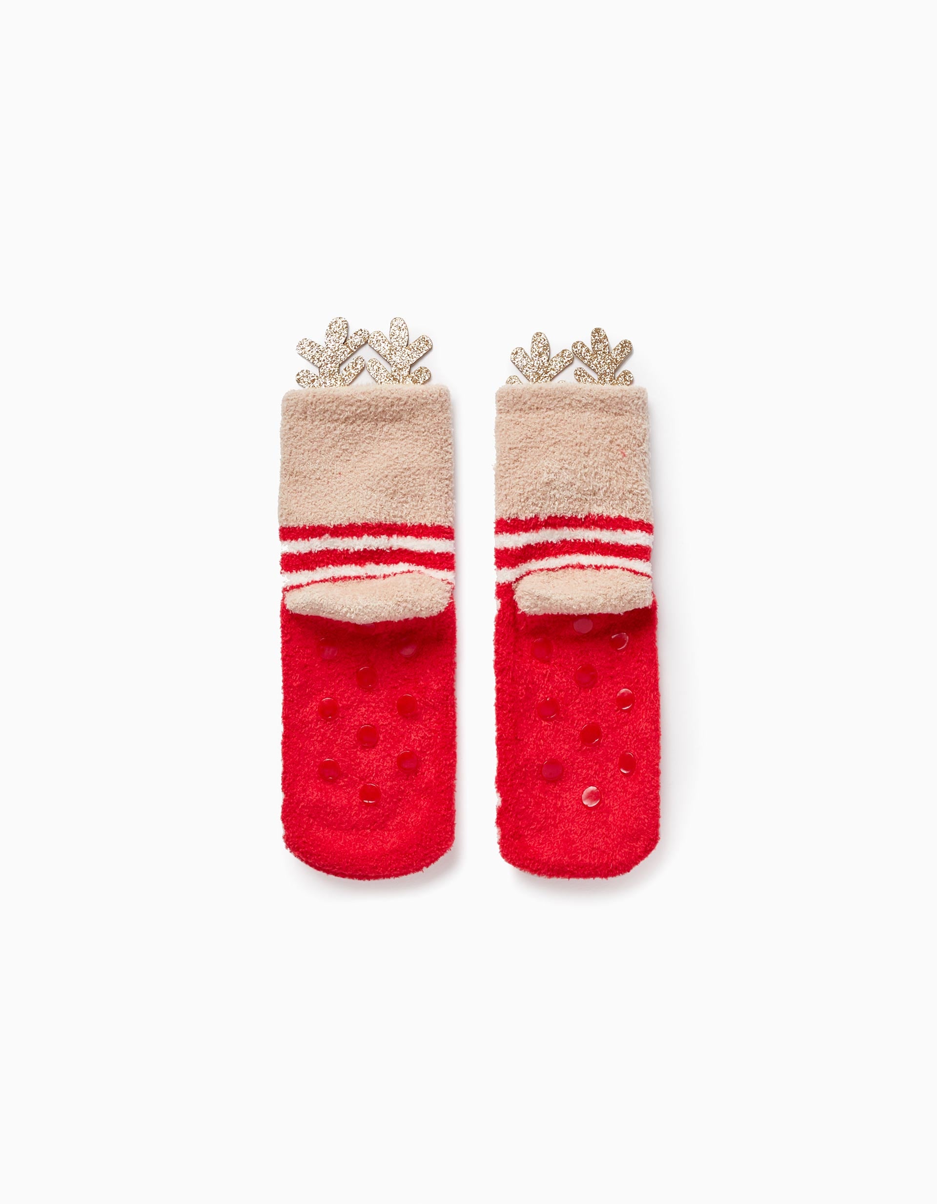 Socks with Pompom and Horns for Girls 'Rudolph', Beige/Red