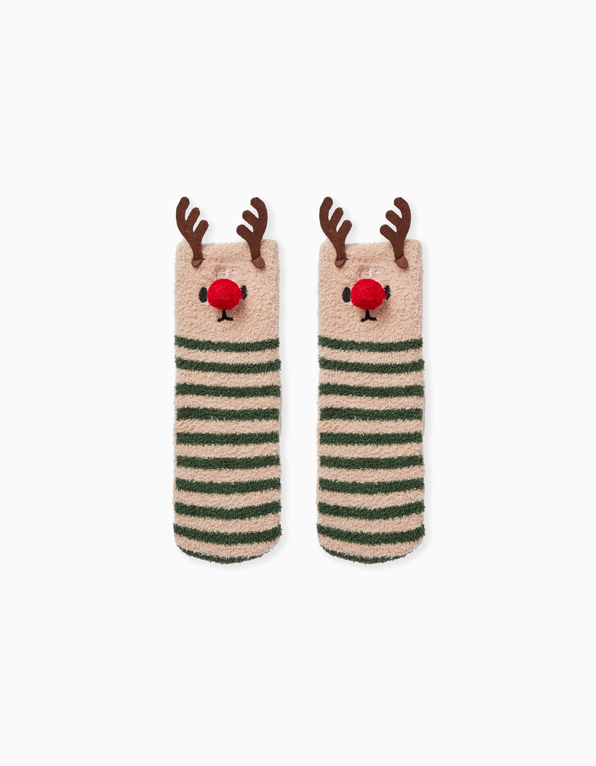 Chaussettes avec Pompon pour Enfant 'Renne Rodolphe- Noël', Beige/Vert