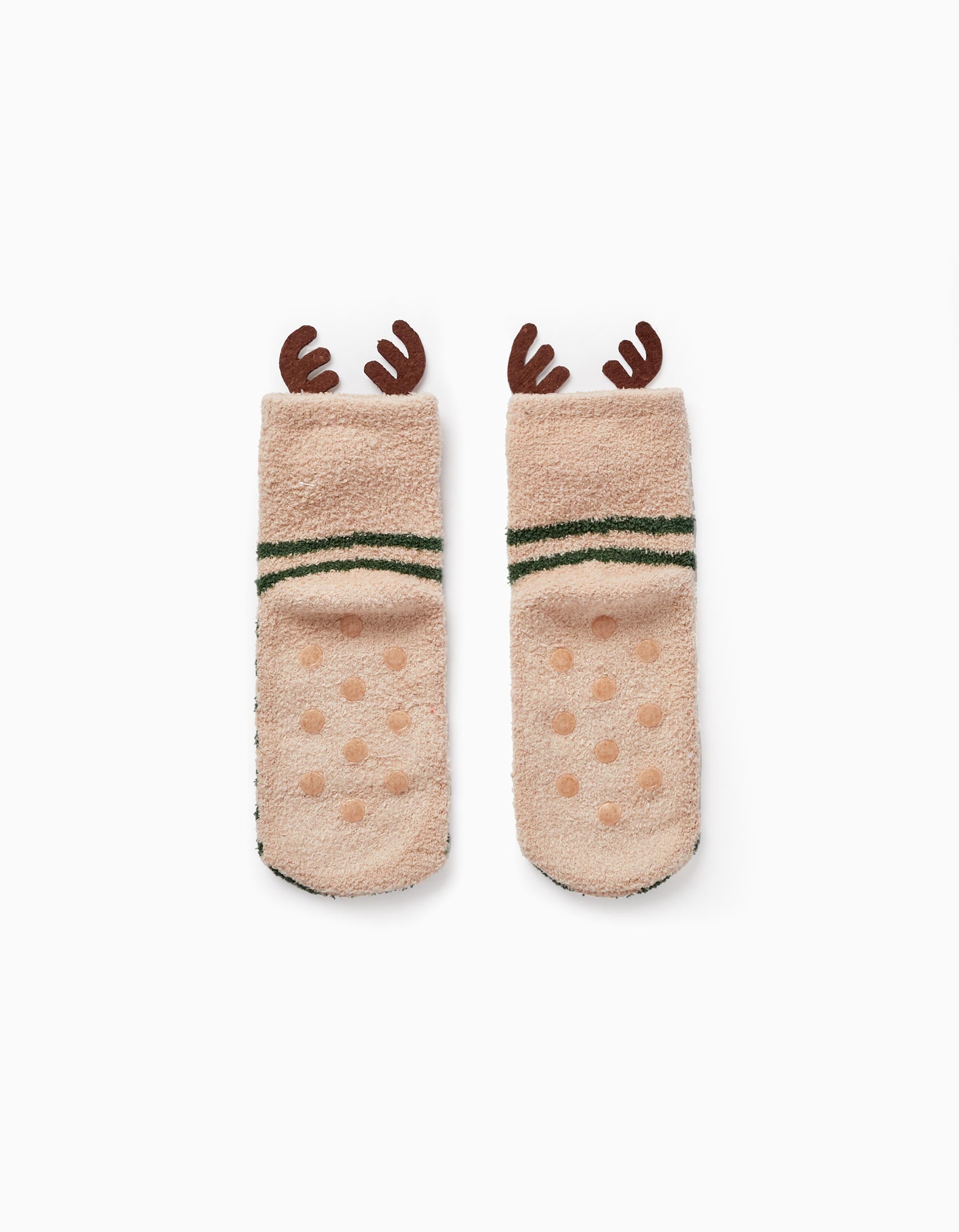 Chaussettes avec Pompon pour Enfant 'Renne Rodolphe- Noël', Beige/Vert