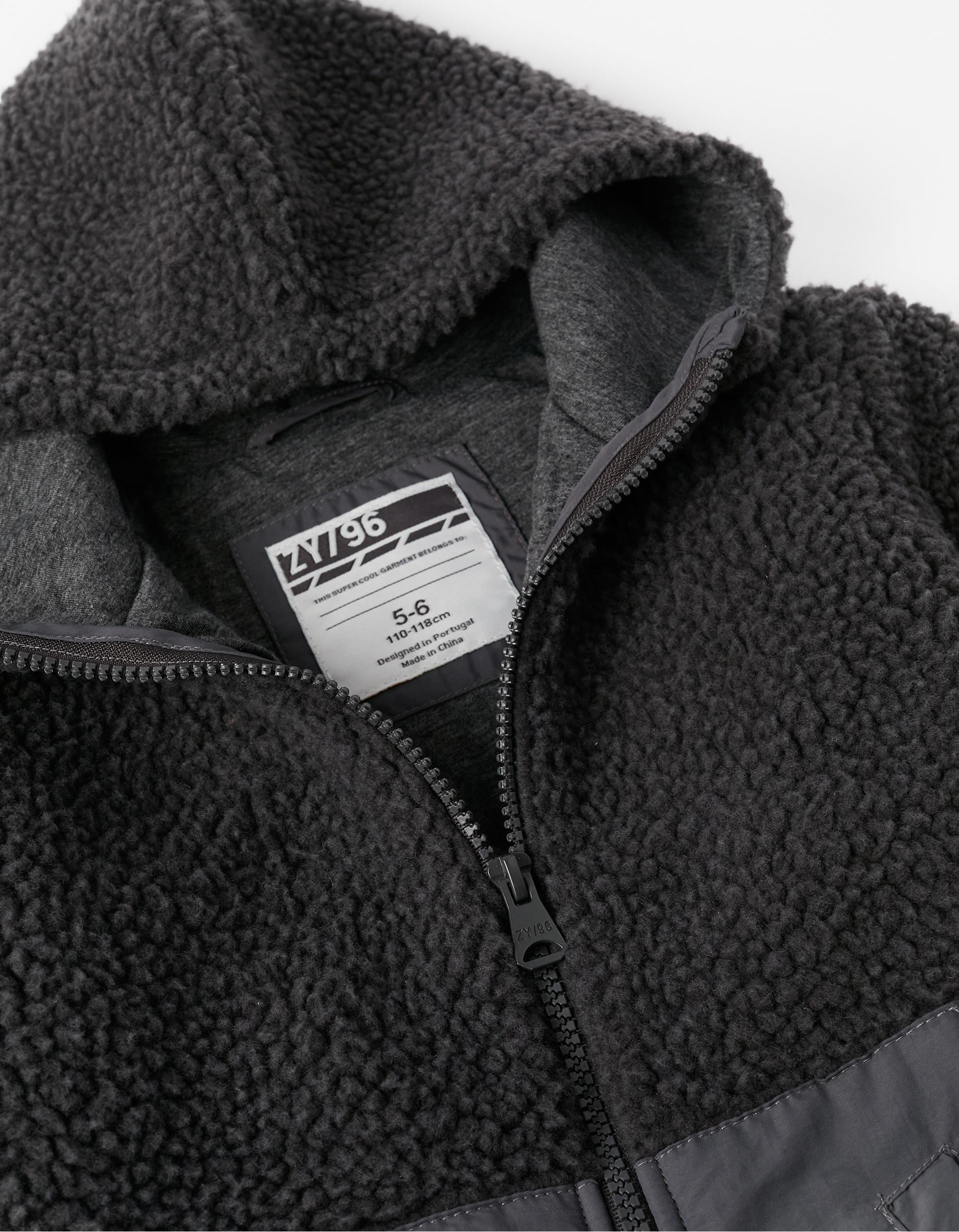 Chaqueta de Sherpa con Capucha para Niño, Negro/Gris Oscuro