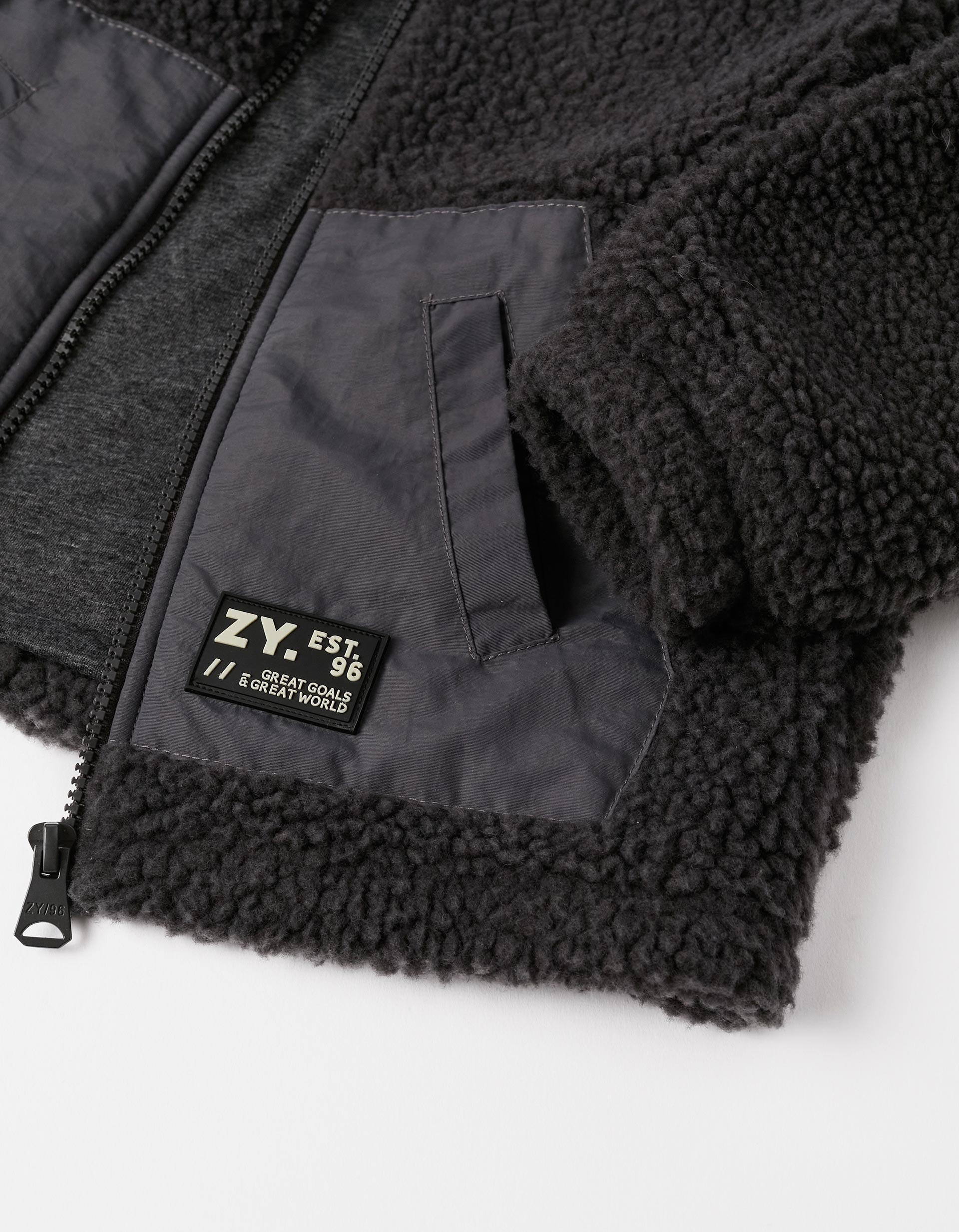 Chaqueta de Sherpa con Capucha para Niño, Negro/Gris Oscuro