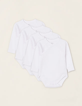 Pack of 4 Wrapover Bodysuits in Cotton for Babies, White