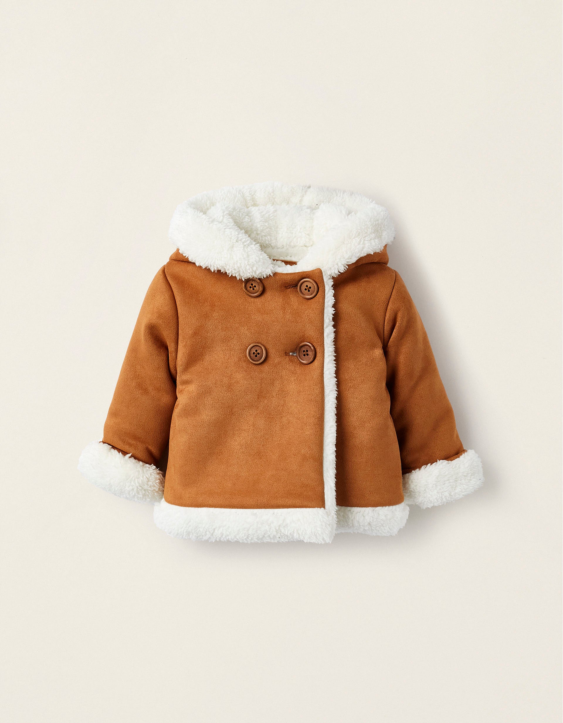 Hooded Jacket with Fur for Newborns, Brown/White