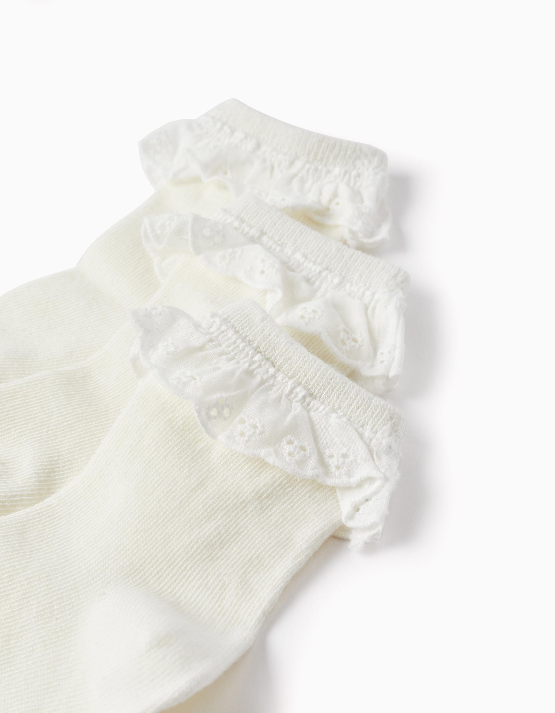 Pack 3 Paires de Chaussettes avec Broderie Anglaise pour Bébé Fille, Blanc