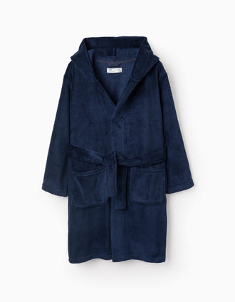 Fleece Dressing Gown with Hood and Belt for Boys, Dark Blue