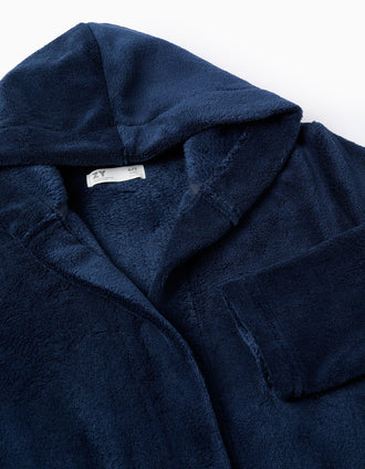 Fleece Dressing Gown with Hood and Belt for Boys, Dark Blue