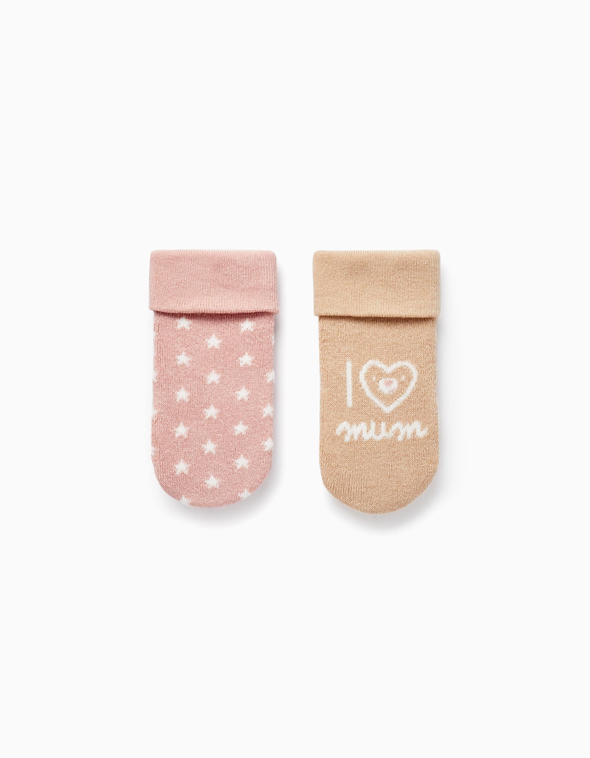 Pack 2 Paires de Chaussettes Épaisses pour Bébé Fille 'I Love Mum', Beige/Rose