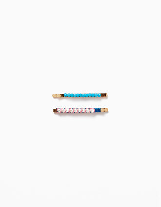 Pack of 2 Hair Barrettes with Beads and Pearls for Baby Girls and Girls, Blue/Gold/White