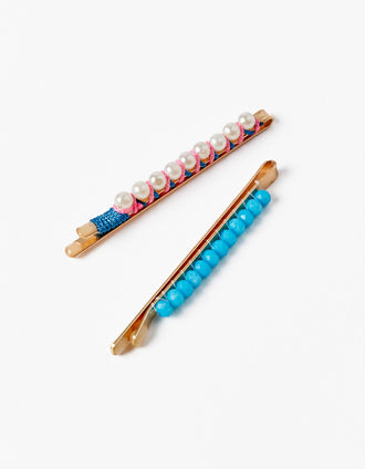 Pack of 2 Hair Barrettes with Beads and Pearls for Baby Girls and Girls, Blue/Gold/White