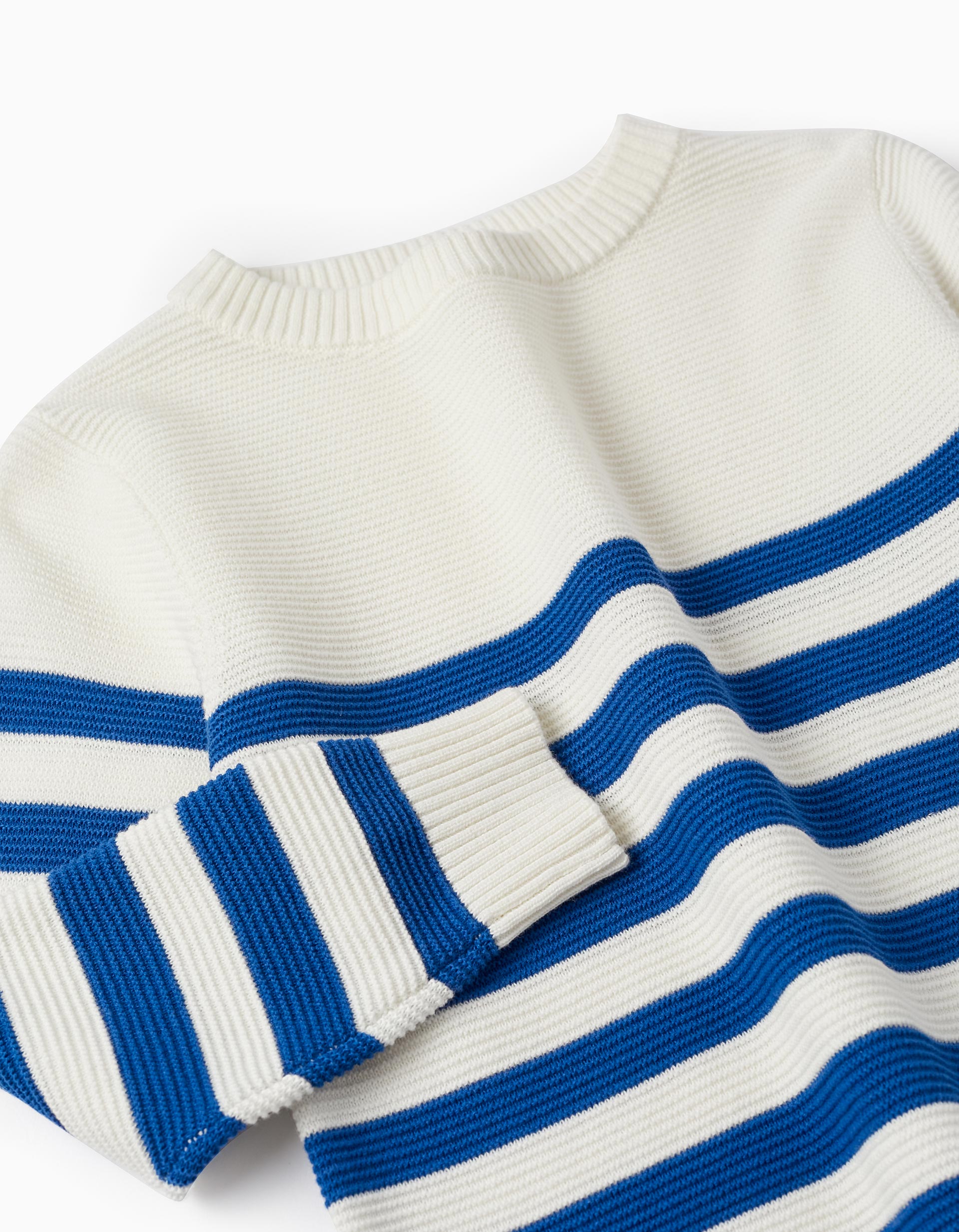 Sweater with Stripes in Cotton Knit for Boys, White/Blue