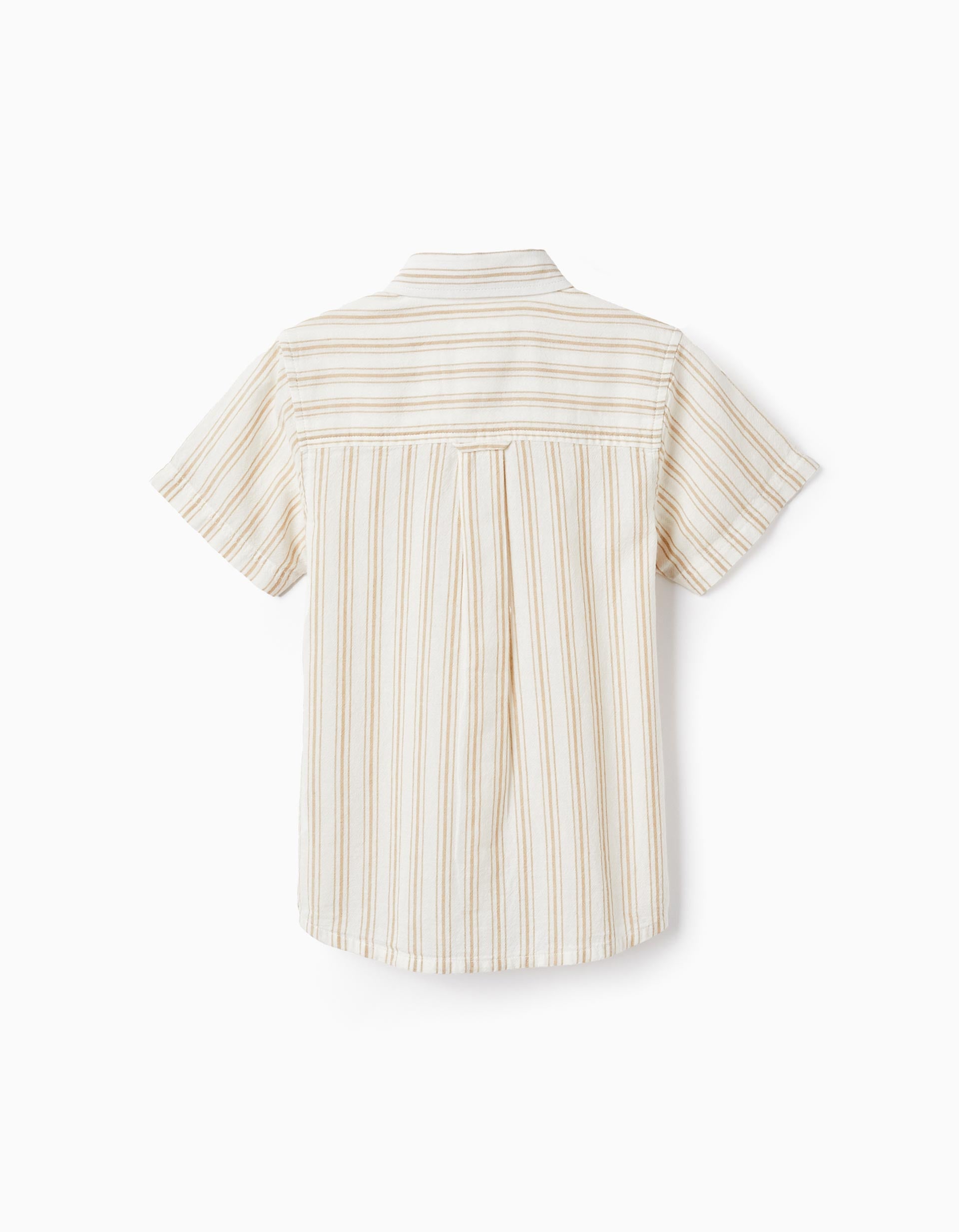 Chemise à rayures à manches courtes en coton pour garçon, Blanc/Beige