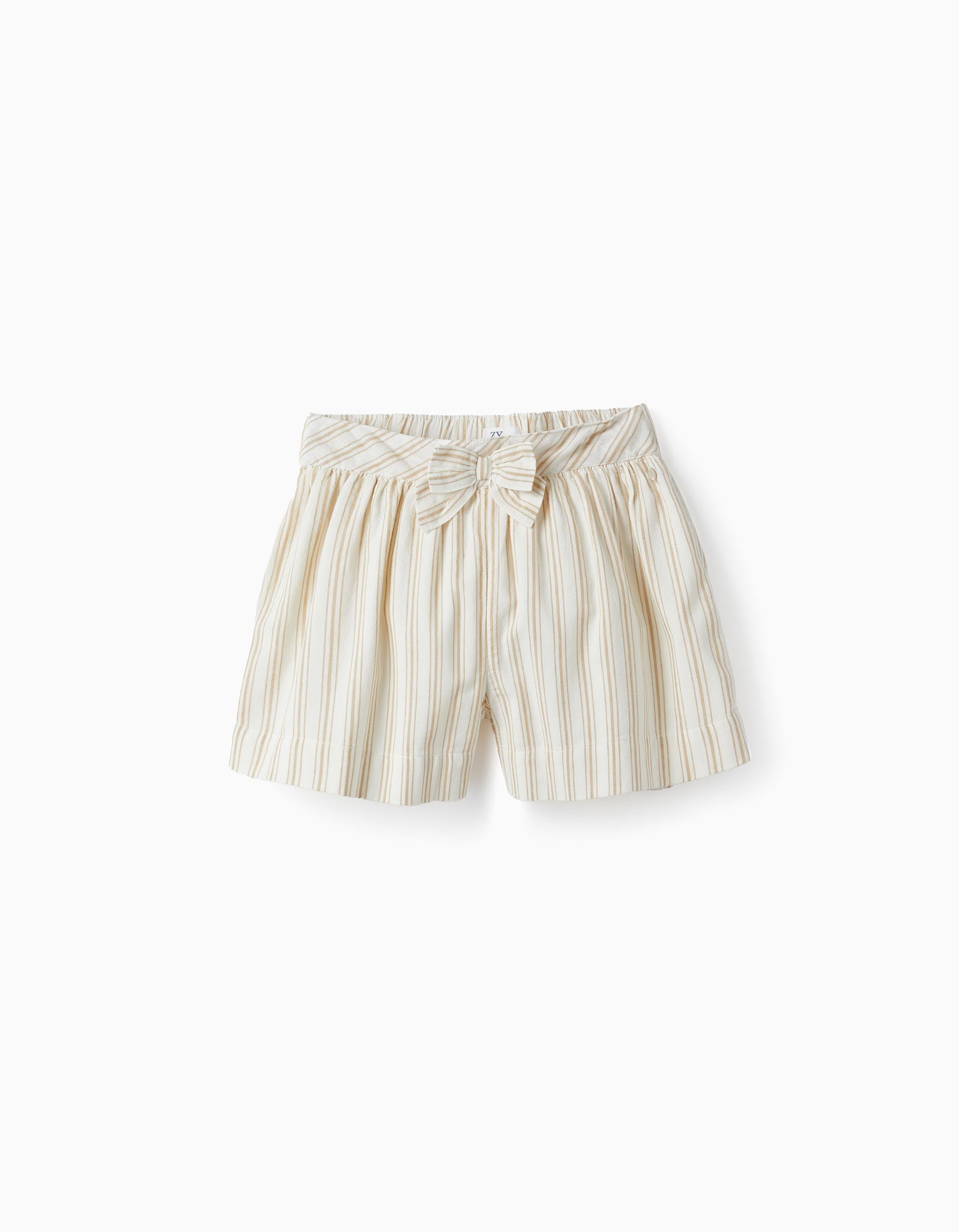 Calções de Algodão com Laço para Menina, Branco/Bege