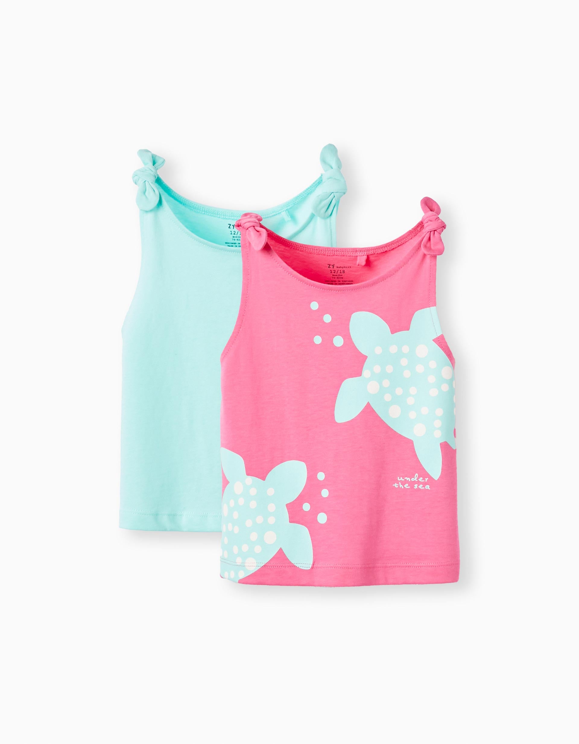 Pack 2 Tops En Coton Pour Bébé Fille 'Tortue', Rose/Vert D'Eau