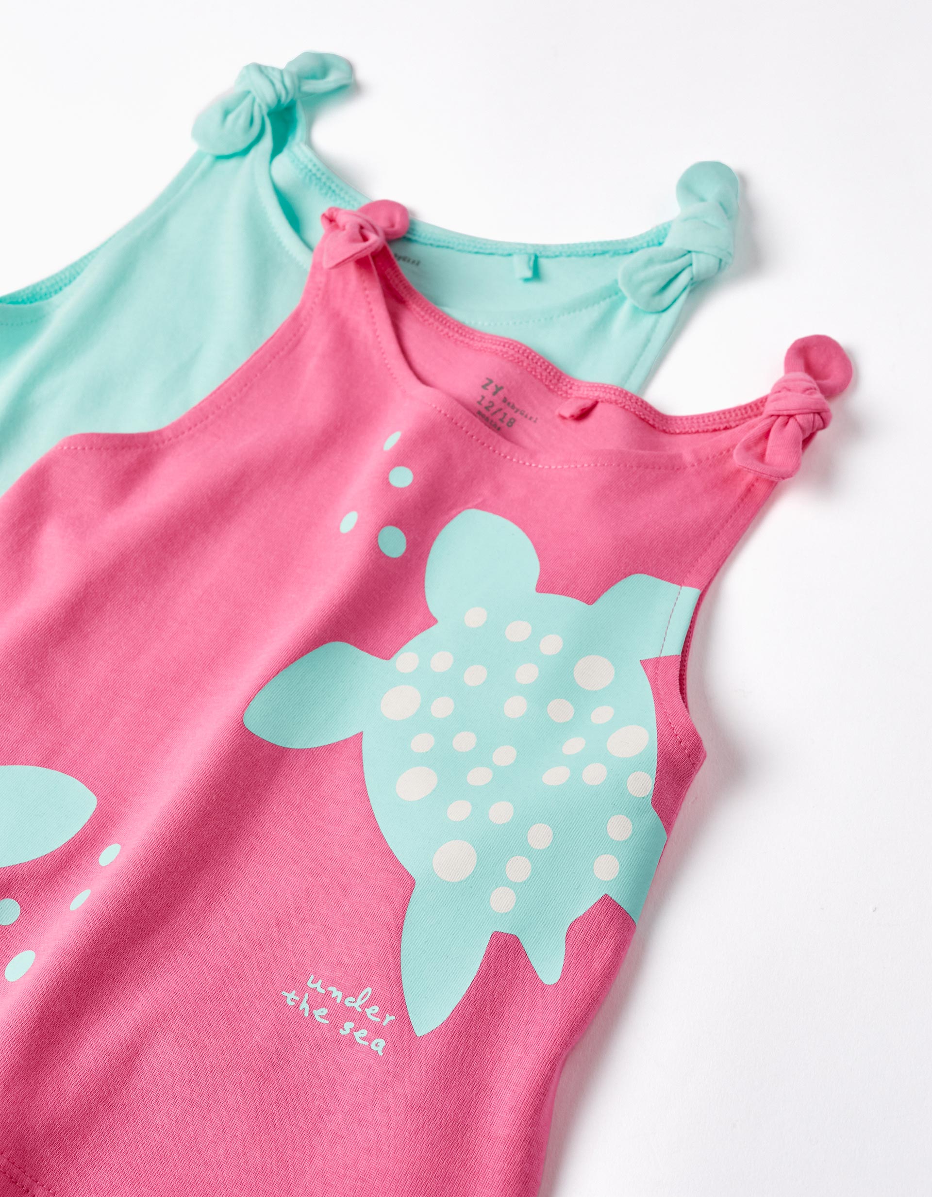 Pack 2 Tops En Coton Pour Bébé Fille 'Tortue', Rose/Vert D'Eau