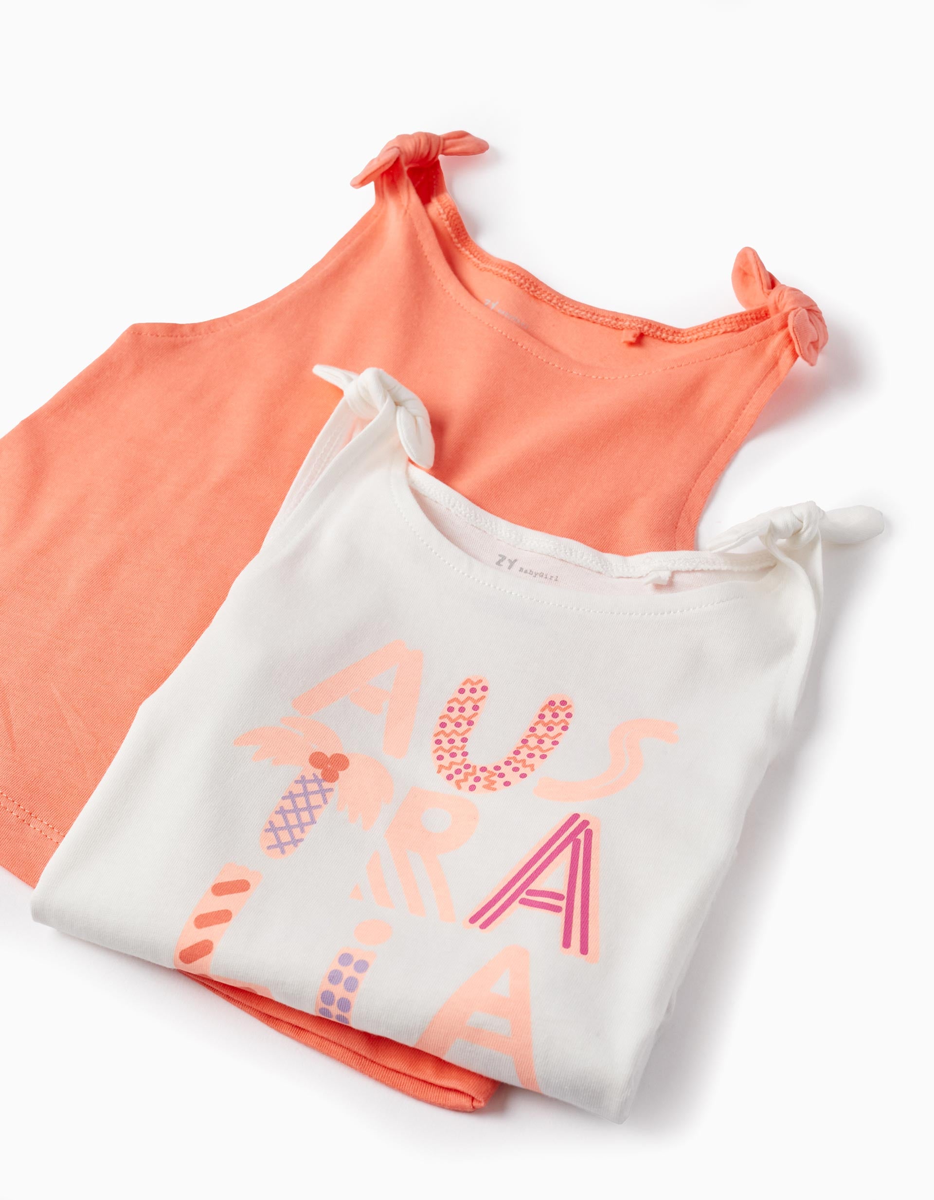 2 Tops De Coton Pour Bébé Fille 'Australie', Blanc/Corail