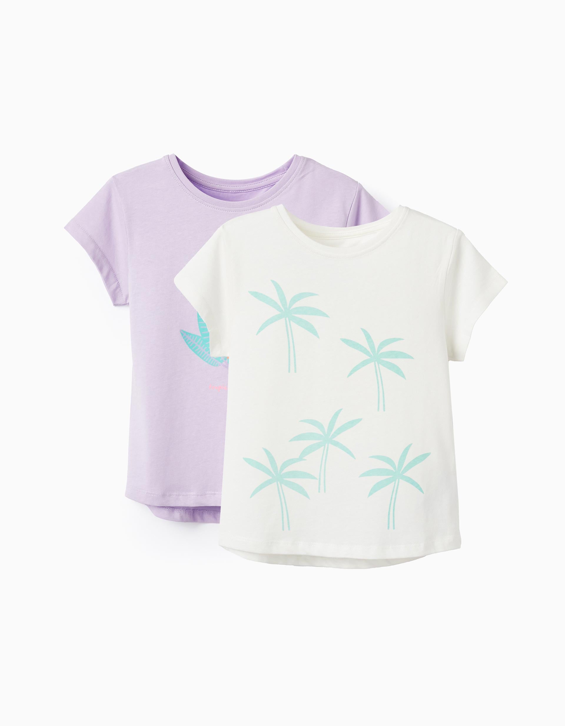 2 T-shirts en Coton pour Fille 'Palmiers', Blanc/Violet