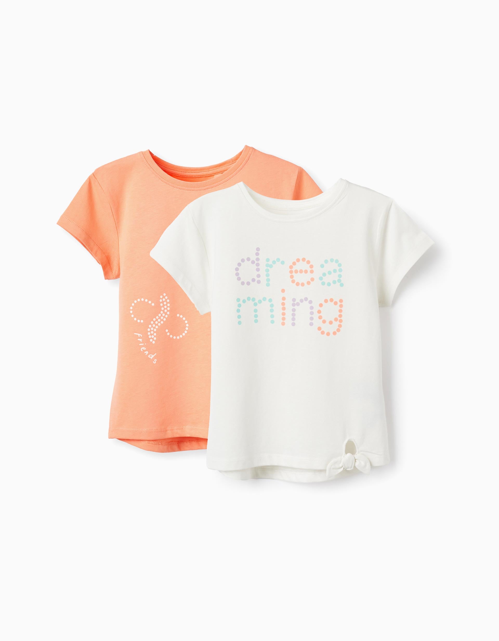 2 Cotton T-shirts for Girls 'Dreaming', White/Coral