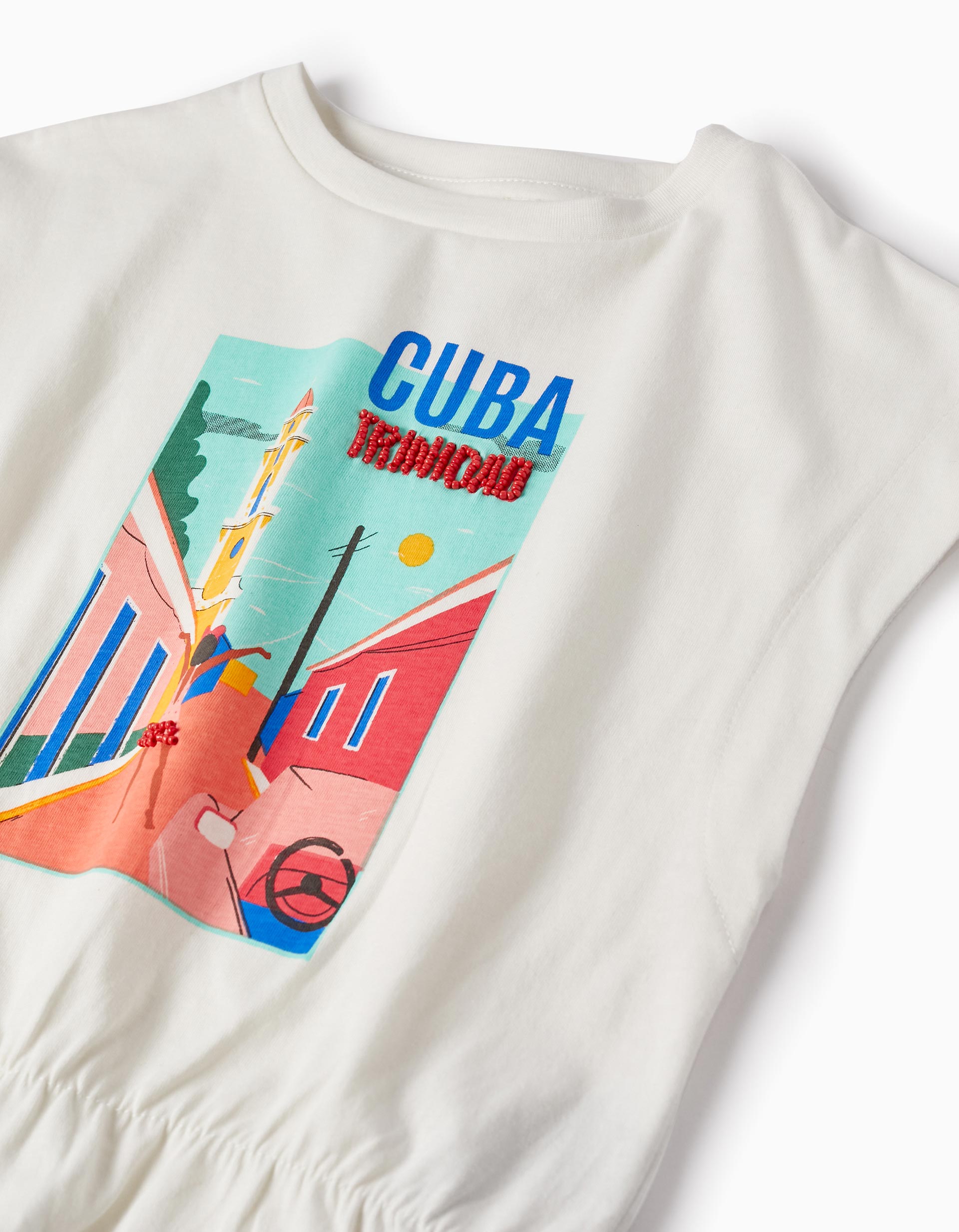 T-shirt de Algodão com Missangas para Menina 'Cuba', Branco