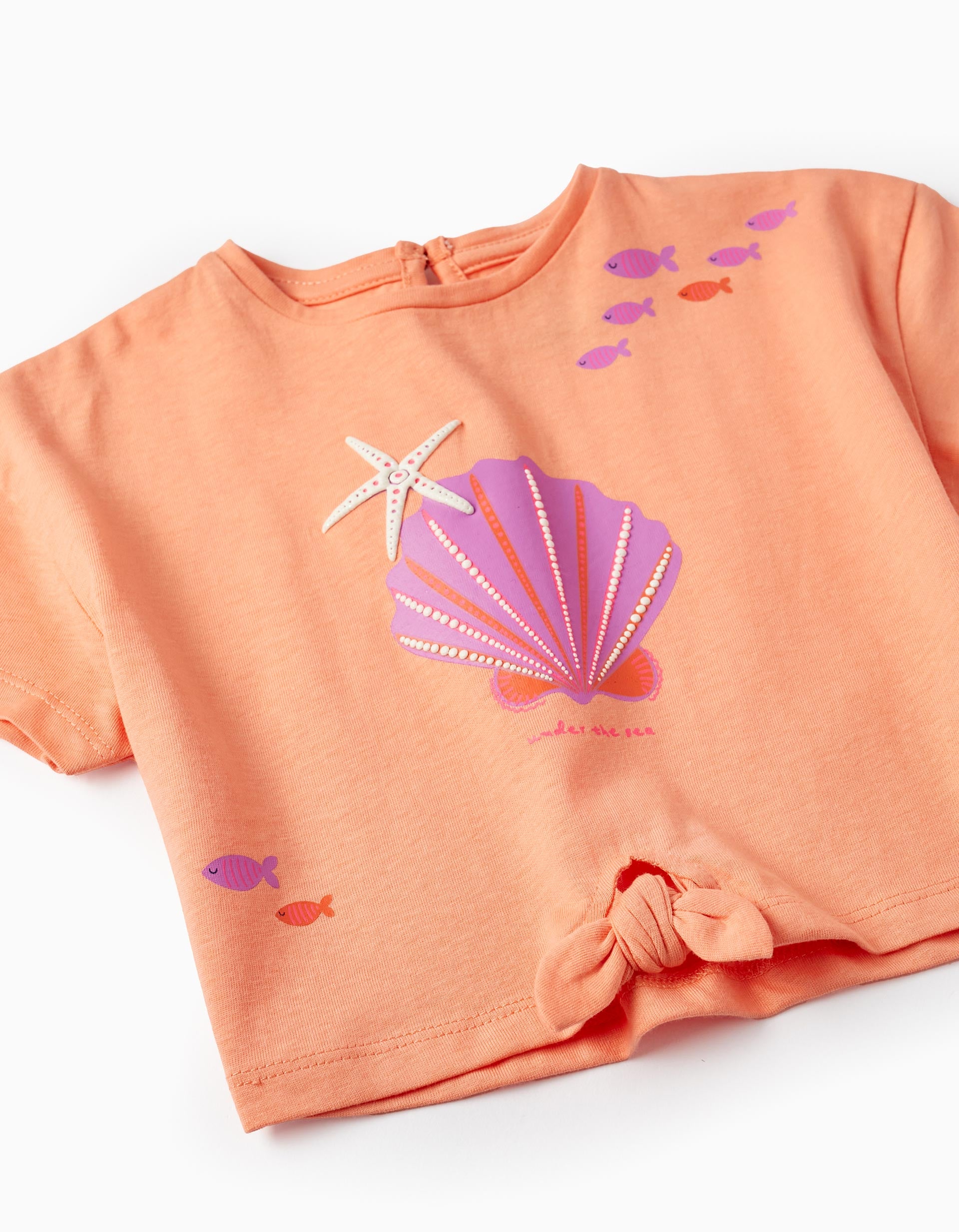 T-shirt Court en Coton pour Bébé Fille 'Coquillage', Corail