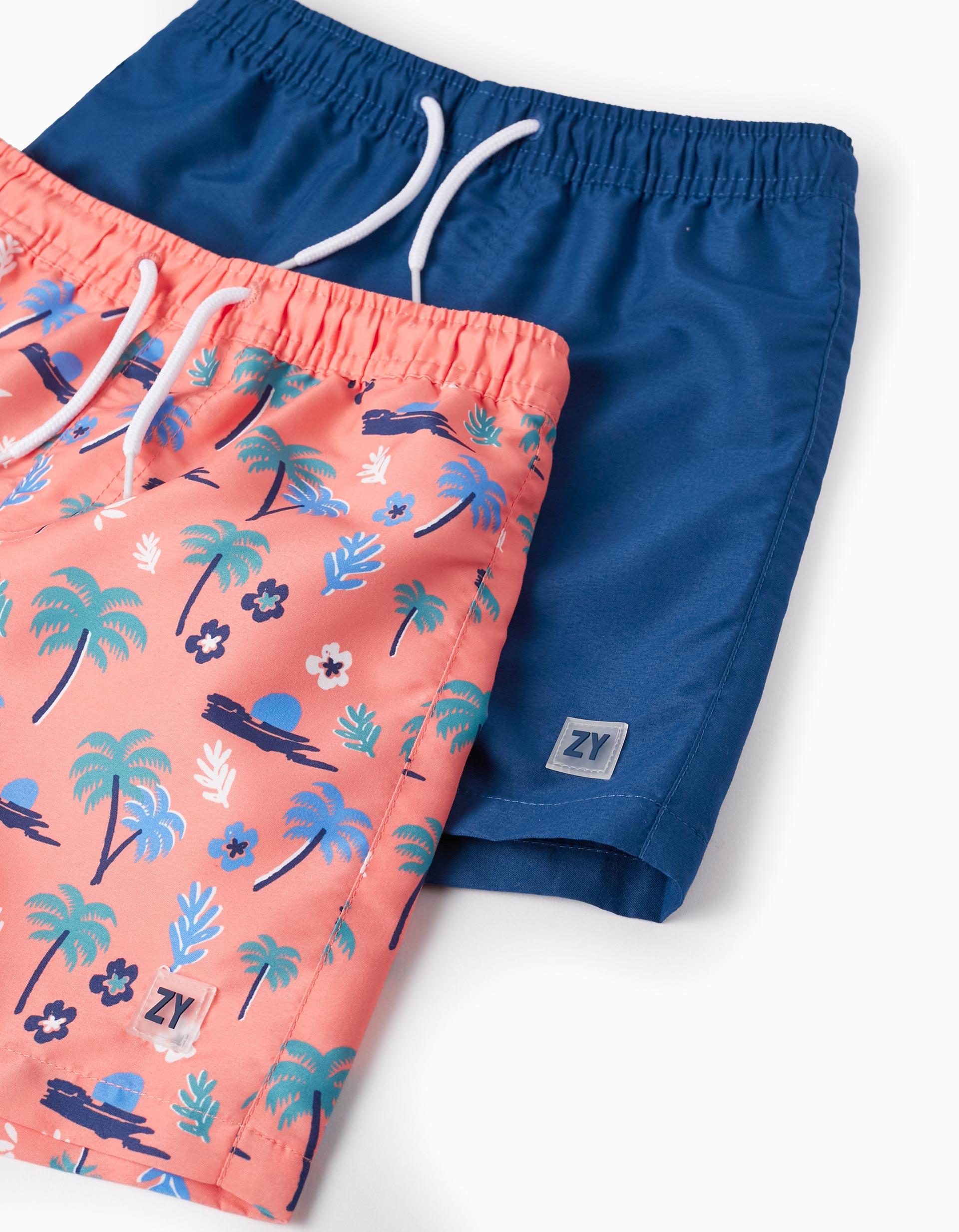 2 Swim Shorts for Boys, Coral/Dark Blue