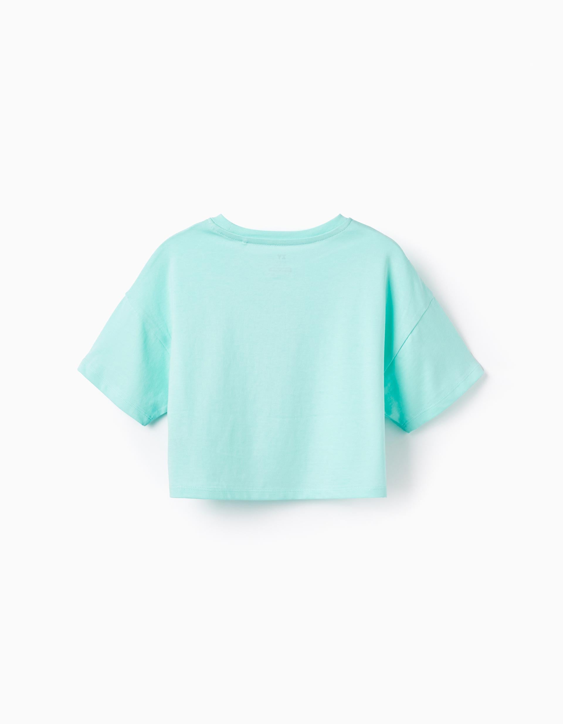 Cotton Crop T-shirt for Girls 'Cha Cha Cha', Aqua Green