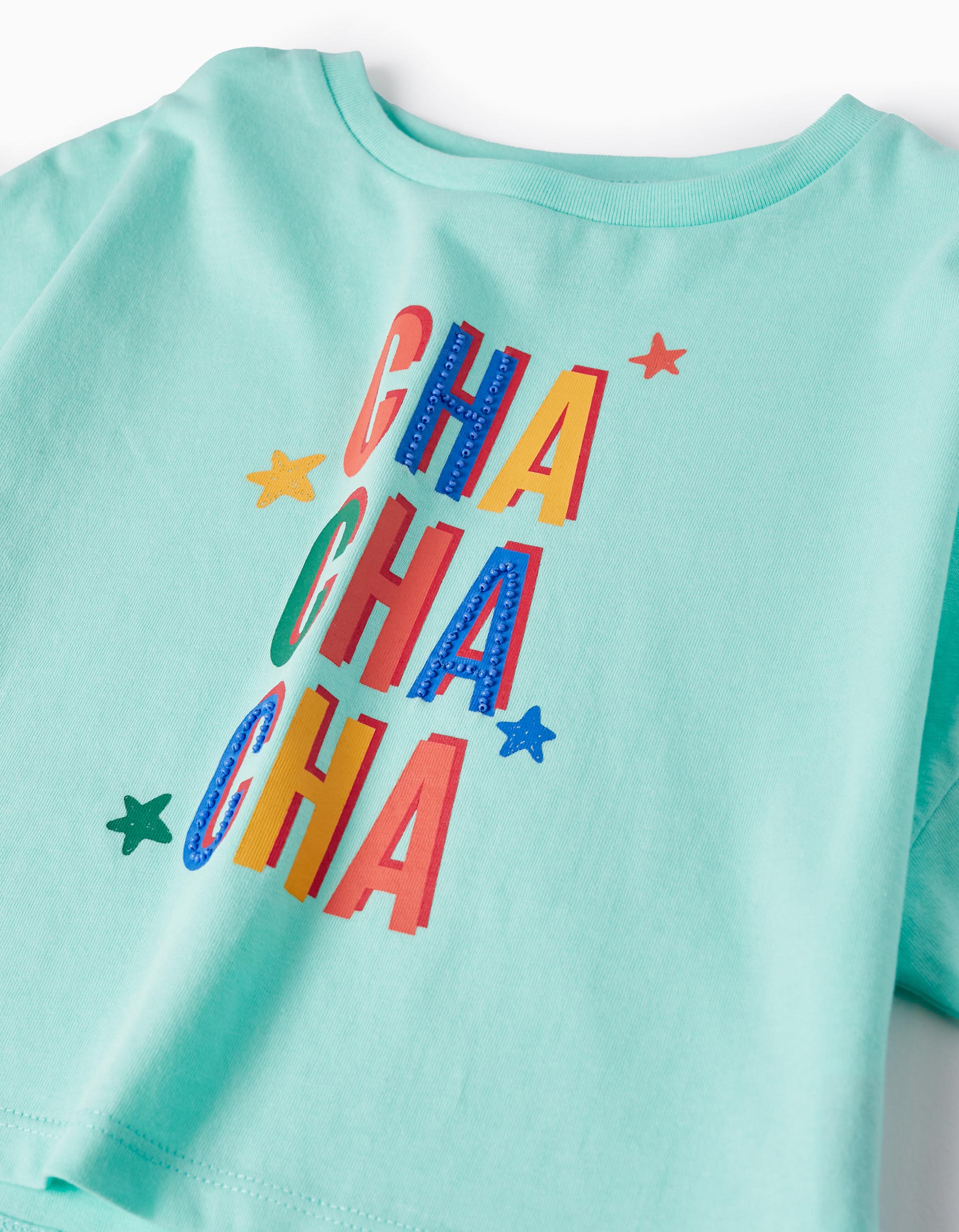 Cotton Crop T-shirt for Girls 'Cha Cha Cha', Aqua Green