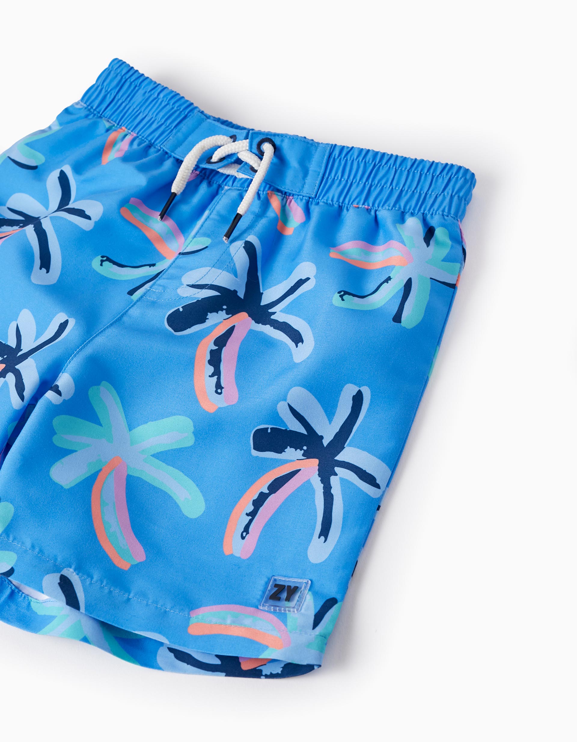 UPF 80 Swim Shorts with Palm Trees Pattern for Boys, Blue