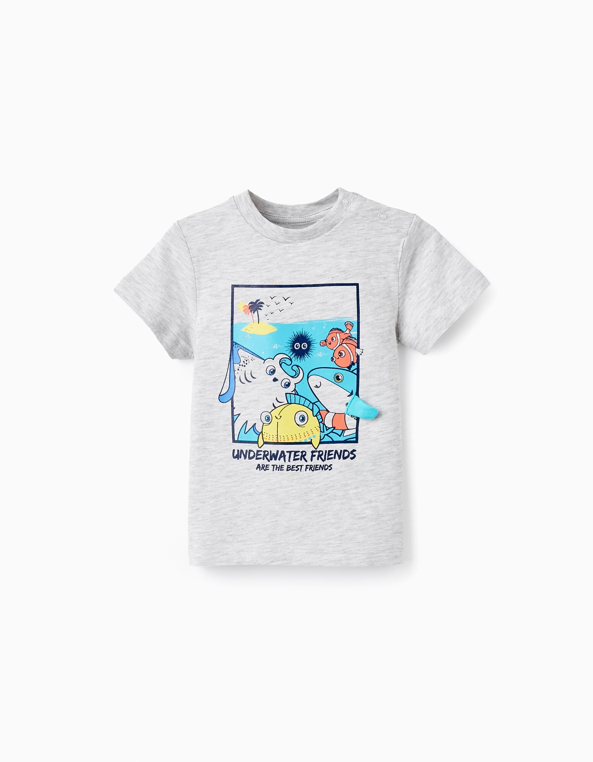 Cotton T-shirt with Printed Design for Baby Boys 'Friends&Sea', Grey